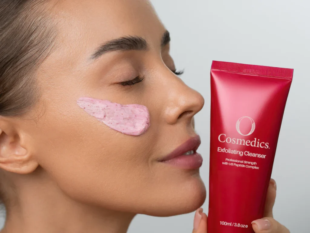 blog-guide-the-low-down-on-exfoliation-c1 A lady with O Cosmedics exfoliating cleanser applied onto her face